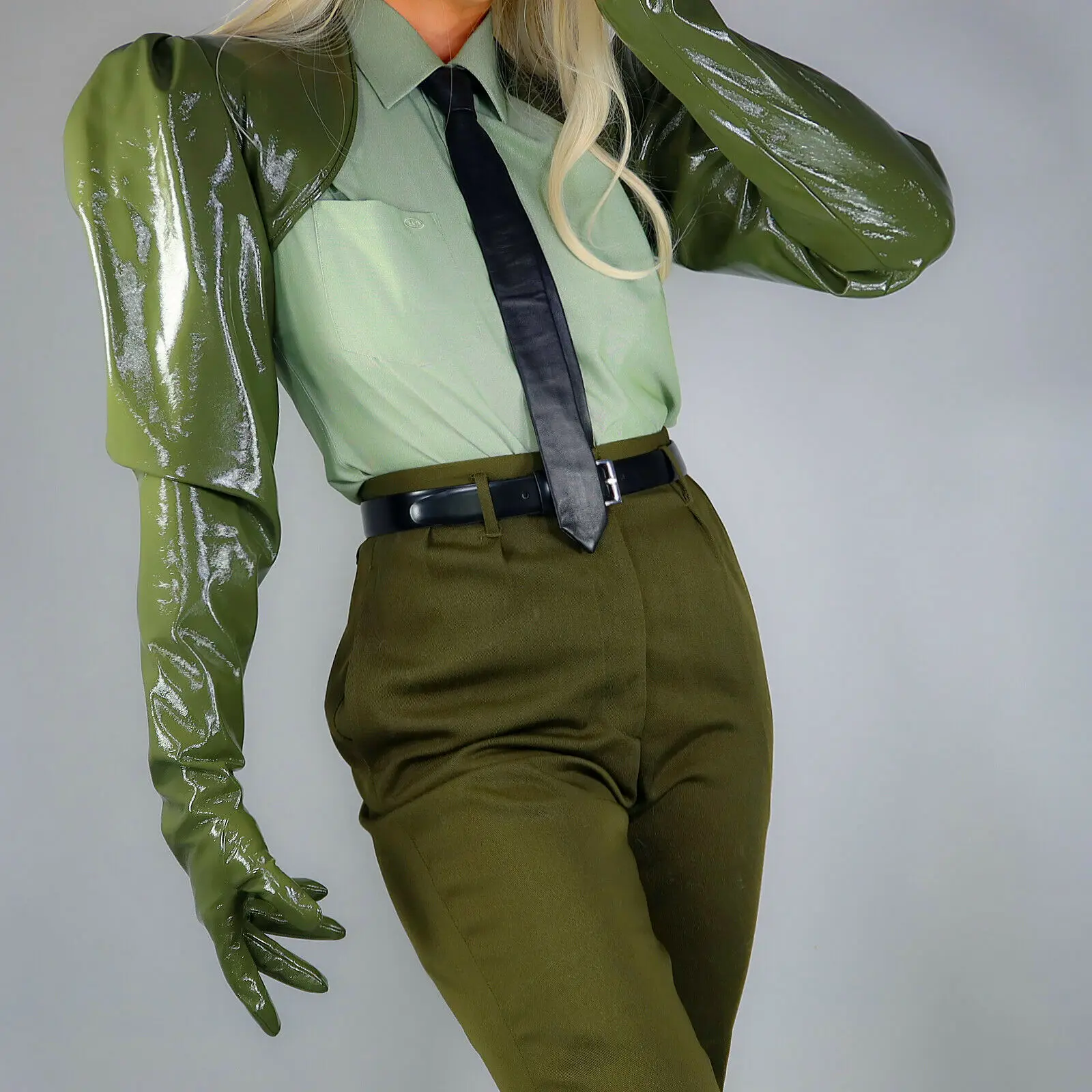 

Unisex LATEX BOLERO GLOVES Shine Leather Faux Patent Gloved Top Cropped Shrug Military Army Olive Green Cosplay Halloween Glove