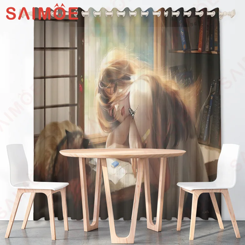 Japanese Korean Character Animation Girl Boy Curtain Couple Sunset Building Petals Thin Polyester Fabric Home Office Decorations