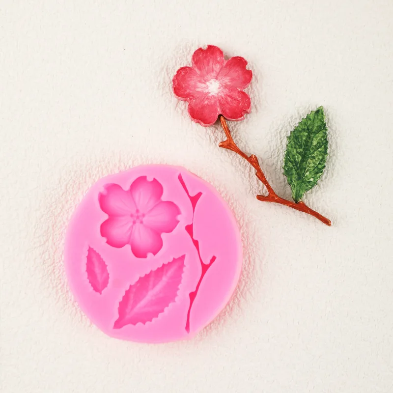 Fondant cake plum blossom silicone mold peach blossom branches leaves liquid cake baking tool chocolate clay mould 15-188