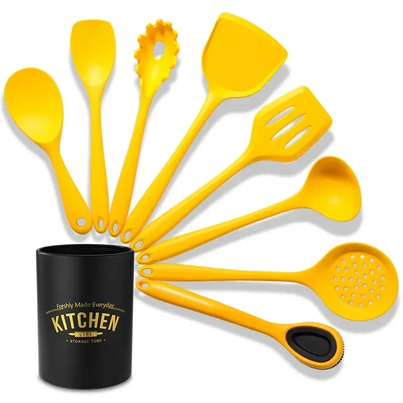9Pcs Yellow Non-stick Kitchenware Silicone Cooking Utensils Heat-resisting Set Cookware Spatula Spoon Shovel Kitchen Set Tool