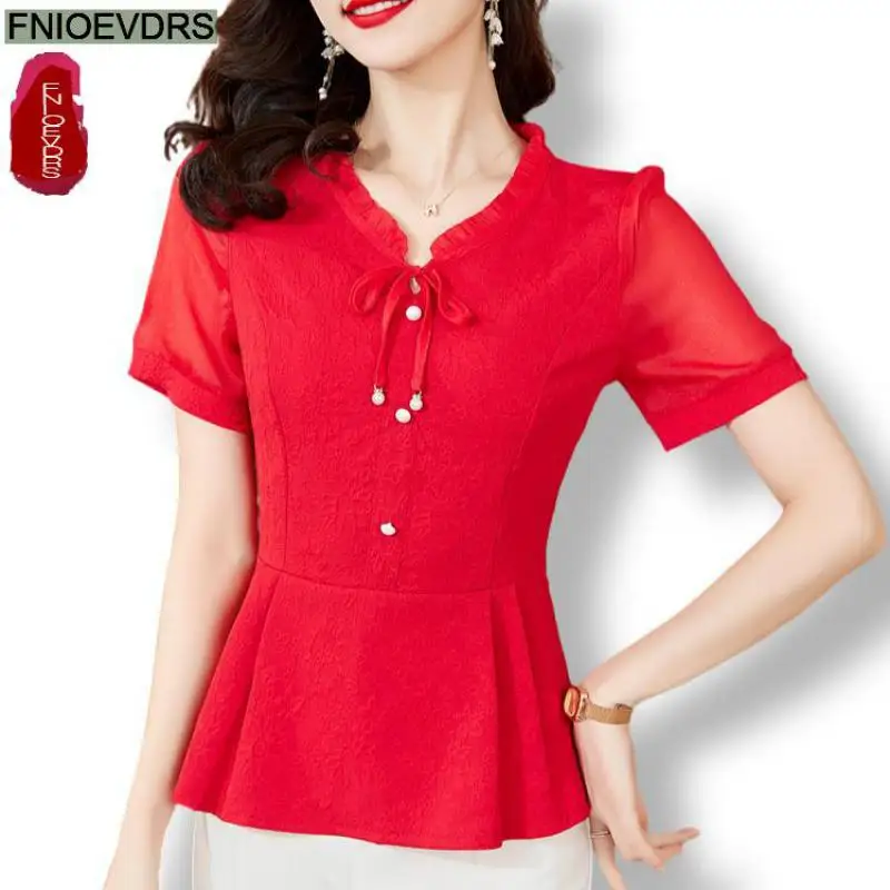 M-5XL Fashion 2024 Women Summer Short Sleeve Elegant Ruffles Shirts Casual Retro Bow Tie Tunic Peplum Tops And Blouses