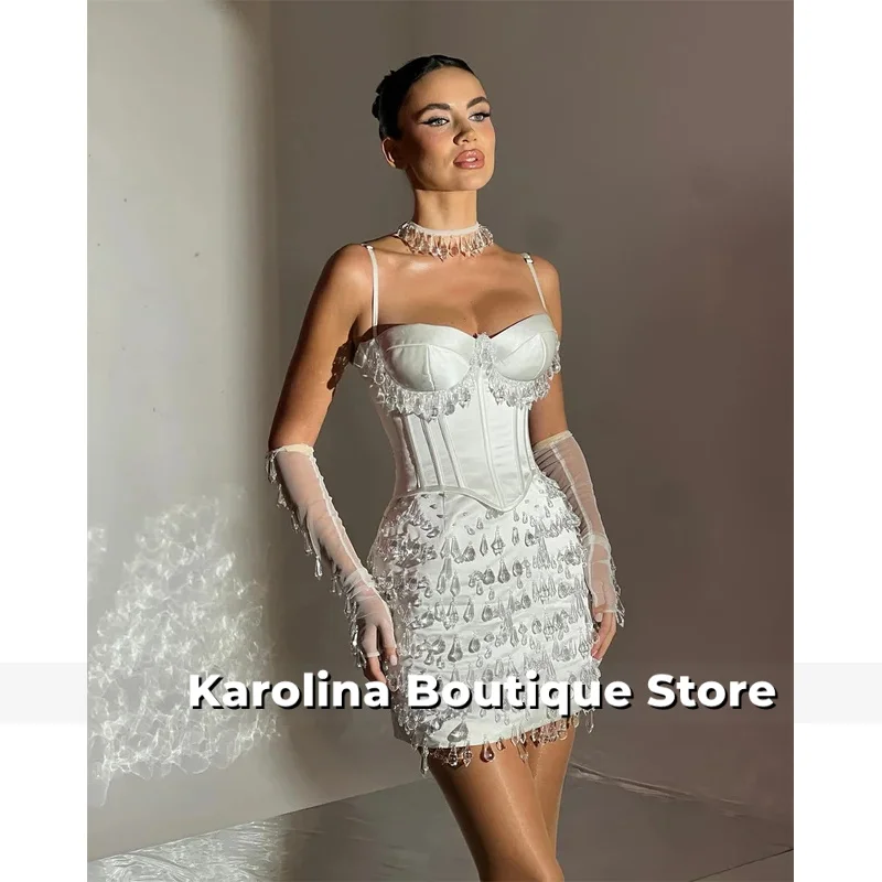 Customized White Spaghetti Strap Crystal Prom Dresses Corset Sleeveless vestidos de noche Sheath Mini Formal Evening 2025