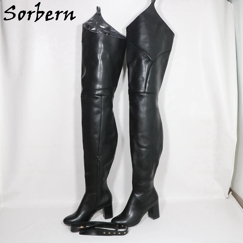 Sorbern Black Crotch Thigh High Boots For Women With Belt Block High Heel Round Toe Fetish Style Boots Custom Leg Width Shaft