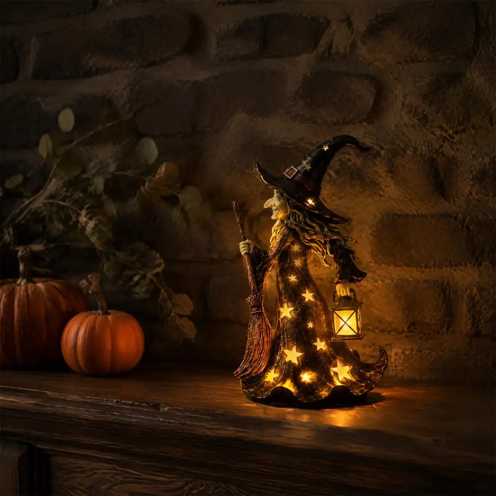 Indoor Party Display Statue Halloween Witch Figurine with Star Light Resin Tabletop Nightlight Lantern Spooky Hat Broom Statue