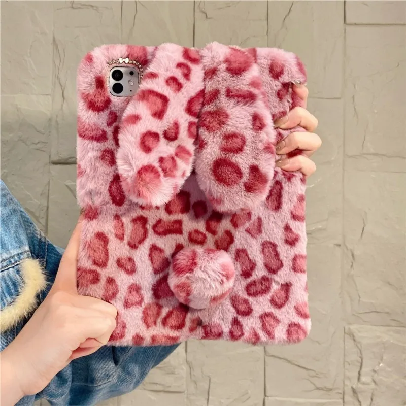 Cute Fluffy Leopard Bunny Tablet Case For Honor V8 Pro/8/9 Pro/9 12-12.1in Magic Pad 13in 2022 2023 with Pen Holder Cover