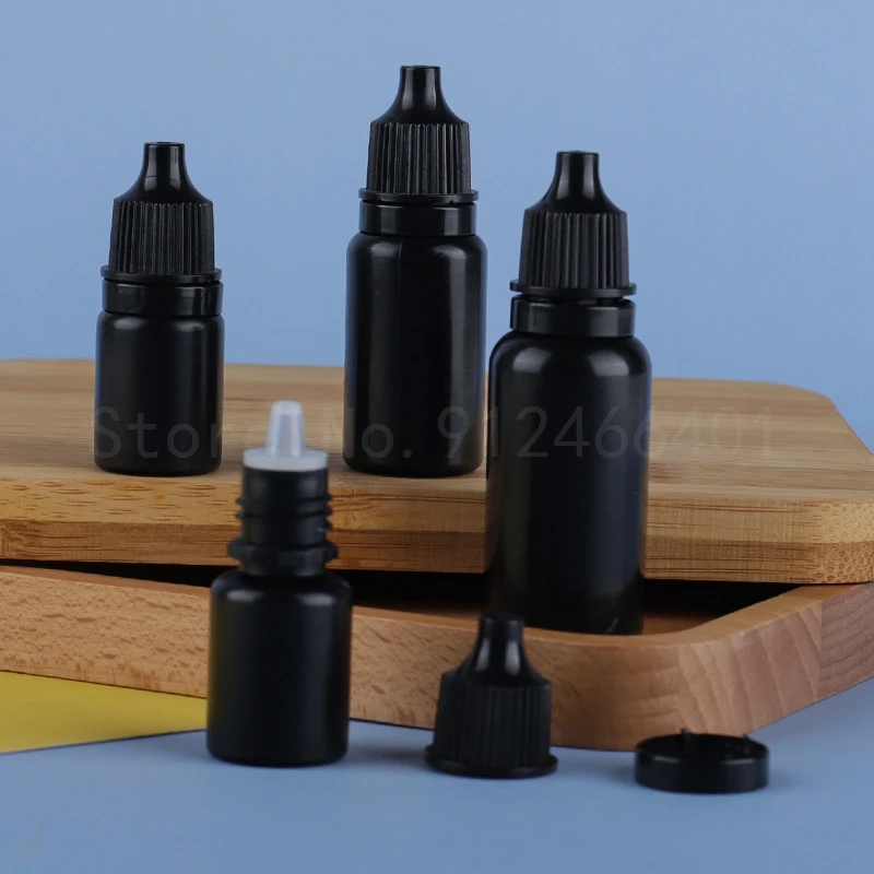 Gotero negro con tapa antirrobo, botella exprimible para gotas de ojos, frascos líquidos de plástico vacíos para gotas de ojos, 5ml, 10ml, 15ml, 20ml, 100 Uds.