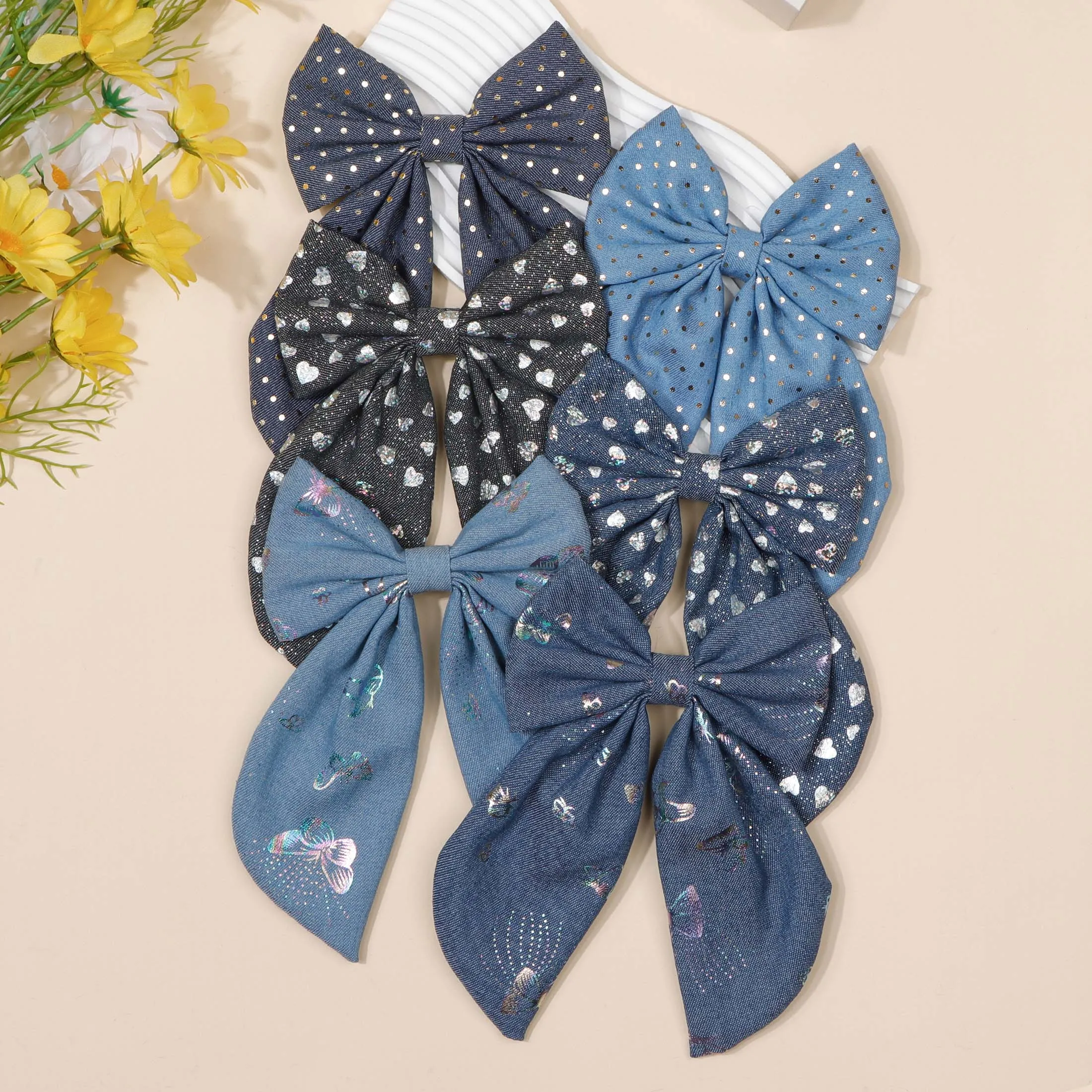 

30pc Denim Blue Bow Hair Clips with Long Tassel School Girls Kid Dot Spot Heart Stamp Side Hairpins Hairgrip for Valentine's Day