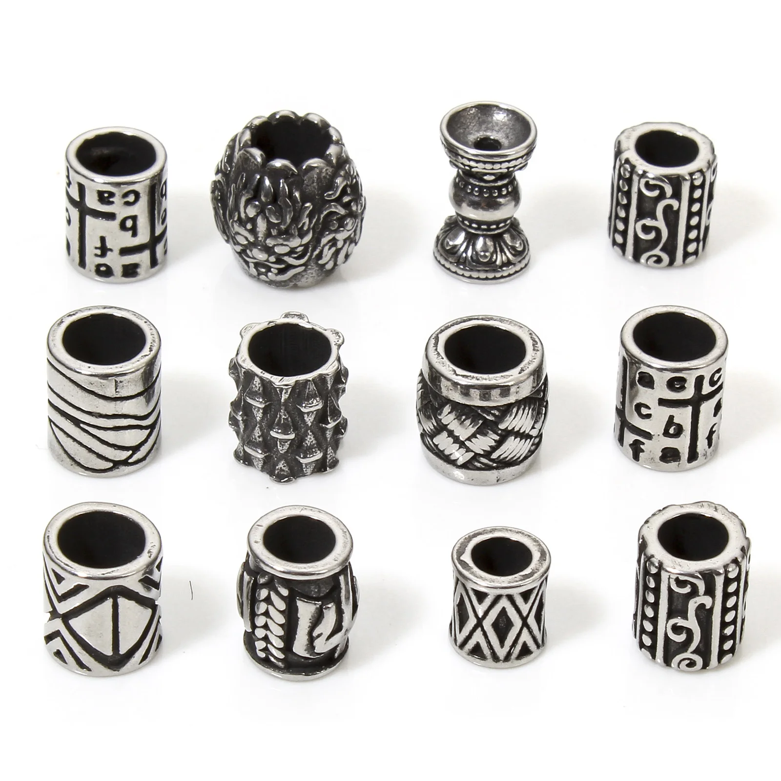 2 Pcs Vintage Cylindrical Beads 304 Stainless Steel Antique Silver Color Beads For Diy Charm Jewelry Making