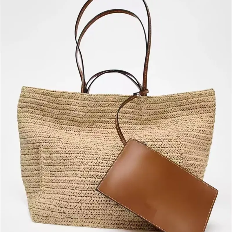 

Casual Straw Tote Bag Designer Letters Large Capacity Women Handbags Handmade Woven Summer Beach Bag Commuter Shopping Purses