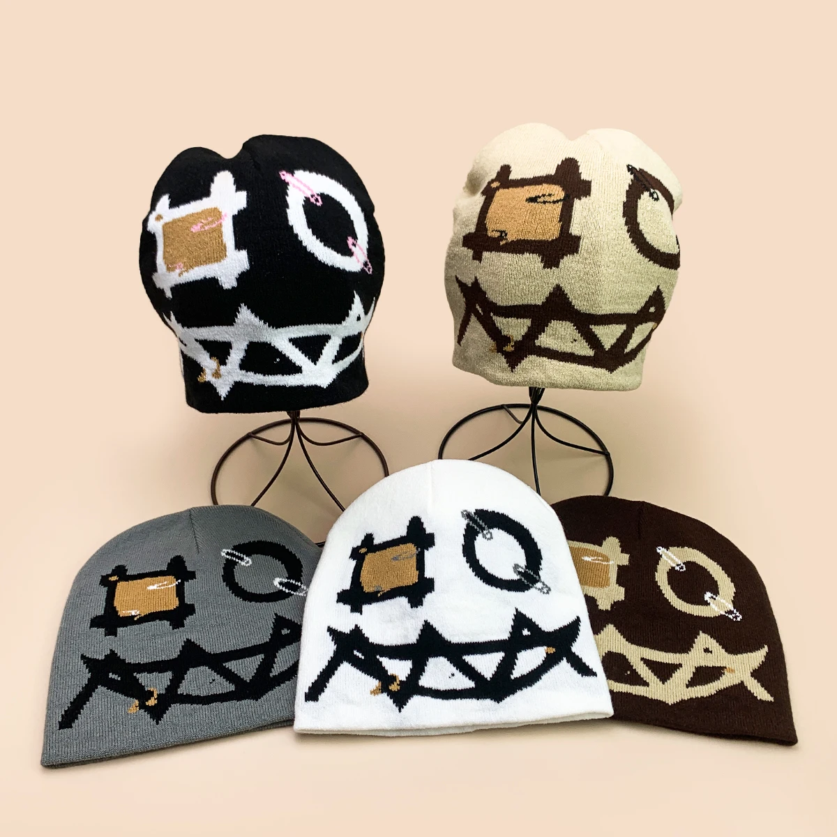 

Street Jacquard Pin Devil's Face Knitted Hats New Men Women Warm American Style Fashion Hip-hop Versatile Personal ins Beanies