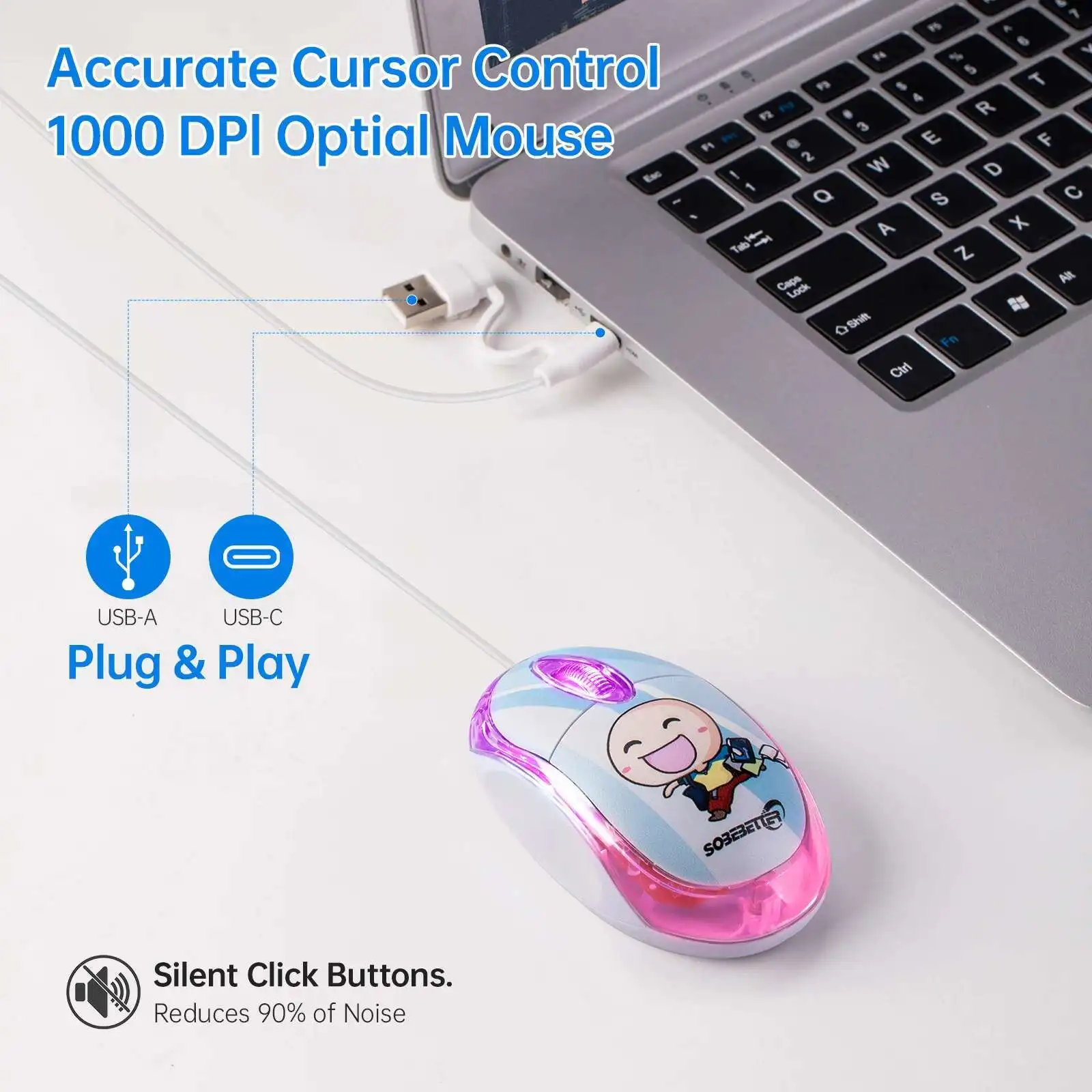 

Hot Selling Type-c/USB 2-in-1 Wired Mouse With Ergonomic Design For Computer Games, Silent Mouse, Plug And Play Function