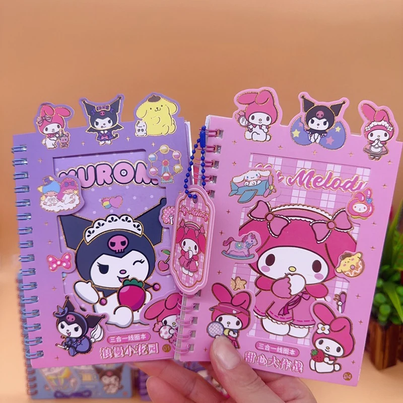 Imagem -04 - Sanrio Notebook Bobina Livro Adesivos Kuromi Melody Cinnamoroll Student Handbook Material Adesivo Notepad Papelaria Brinquedo das Crianças 24 Pcs