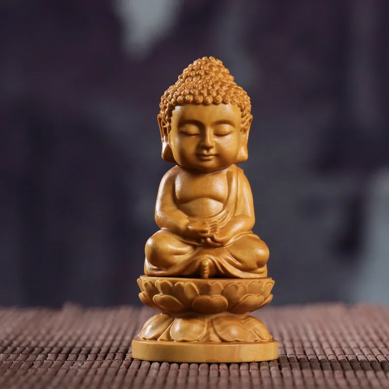 YFY  boxwood sakyamuni buddha figurine - solid wood carved desktop ornament, decorative car accessory