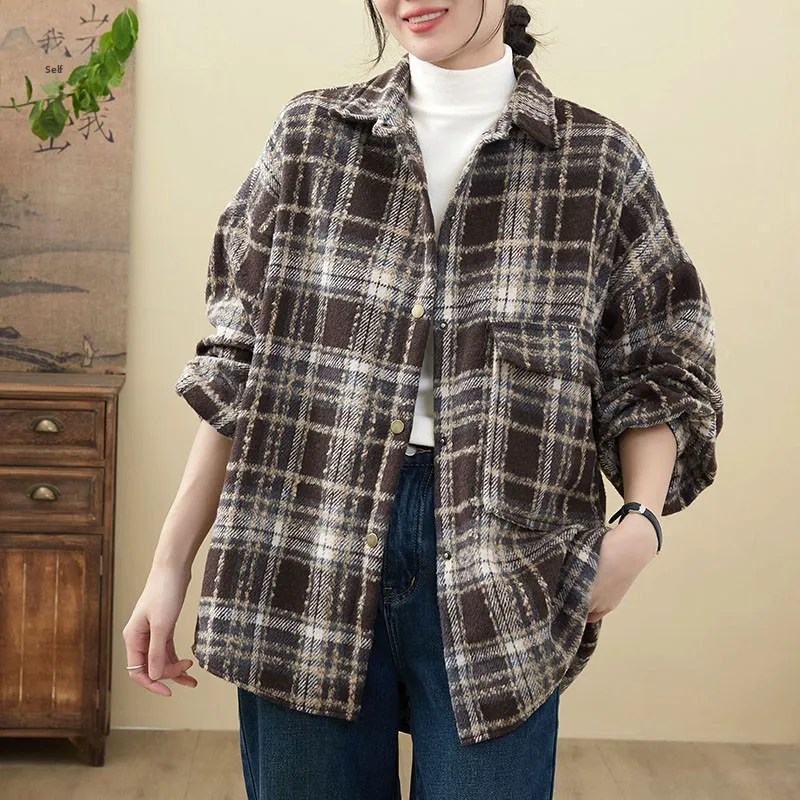 Angola Red Plaid Woolen irt Jaet Women's plus Size Slimming Meat Covering Medium Length irt Top Polyester Fiber 00%