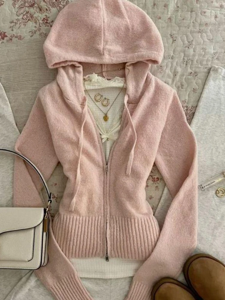 

Розовый вязаный милый кардиган в японском стиле, женский эстетический милый мягкий тонкий вязаный пальто для девочек, новый модный свитер Kawaii, осень 2025 г.