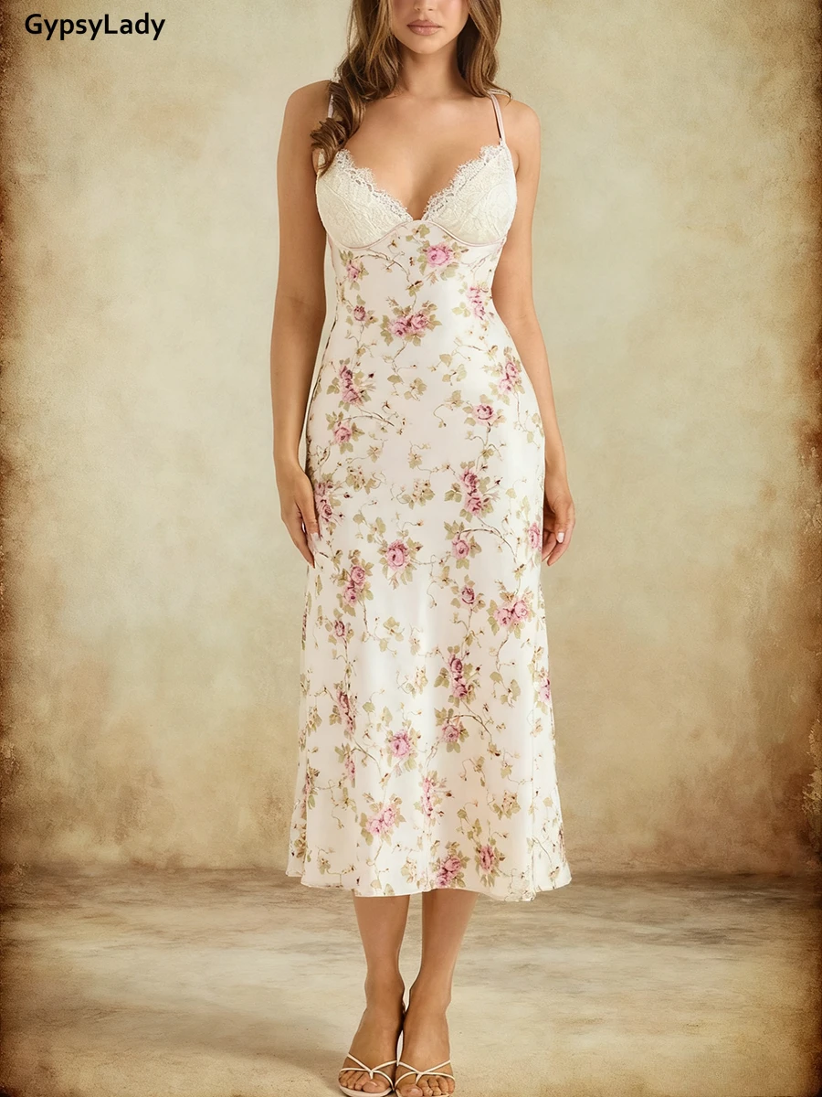 Abito lungo con spaghetti stampato floreale stile francese Abito lungo casual da donna sexy con scollo a V e cinturino in raso di pizzo beige Nuovo