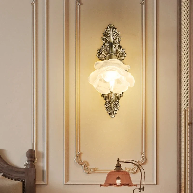 French Style Retro Copper Wall Lamp Applicable Bedside Sofa Bedroom in Front of The Mirror Middle Ages Flower Shaped LED Lightin