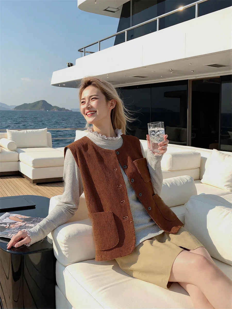 

Женские жилеты оверсайз, женские коричневые, свободные, осенние, толстые, мягкие, пушистые, из искусственного меха, без рукавов, с круглым вырезом, женская мода, модные