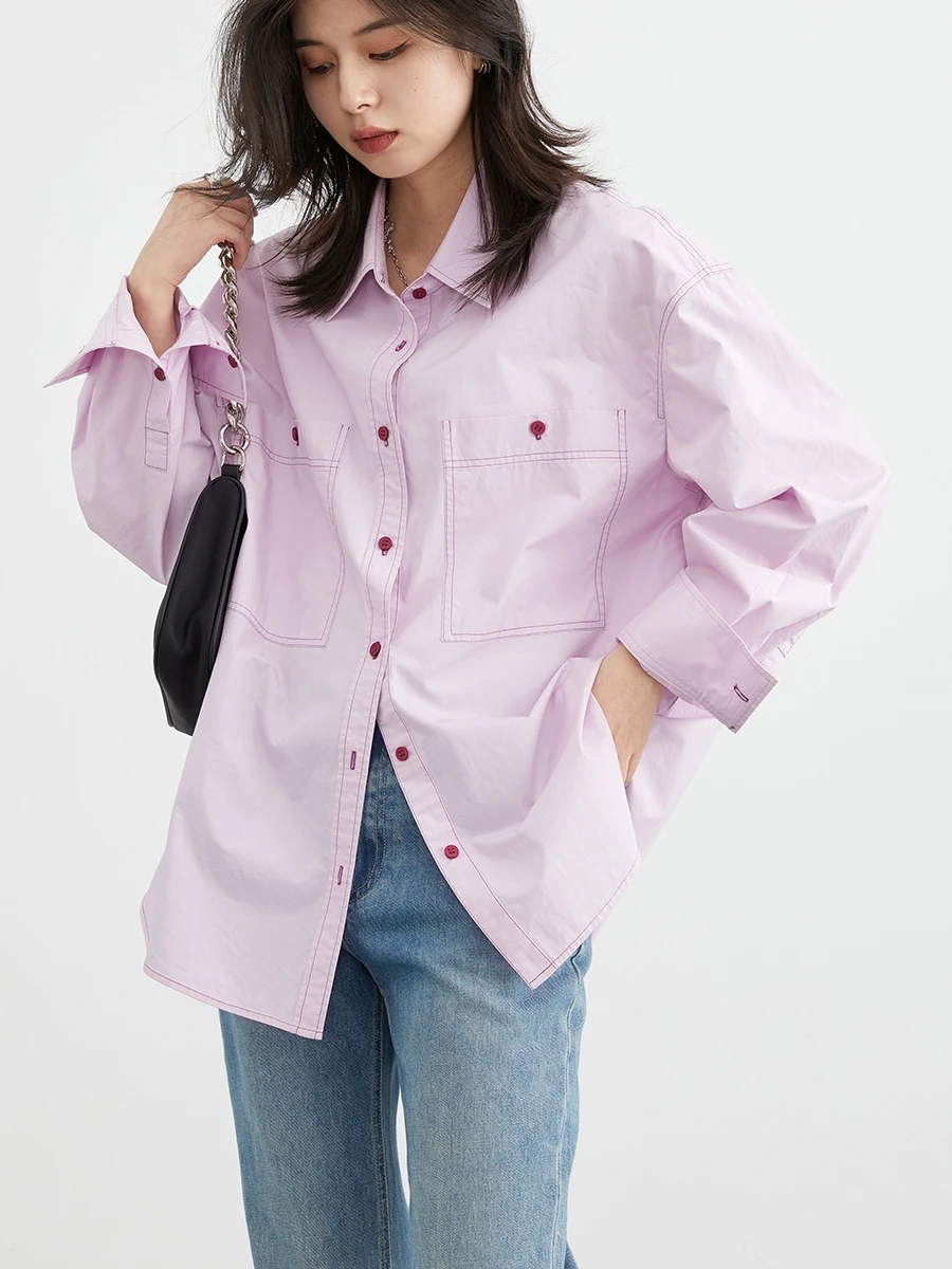 CHIC VEN Women Shirt Solid Long Sleeve New Contrast Line Blouses Double Pocket Top Long Sleeve Layup Shirt  Spring Autumn 2023