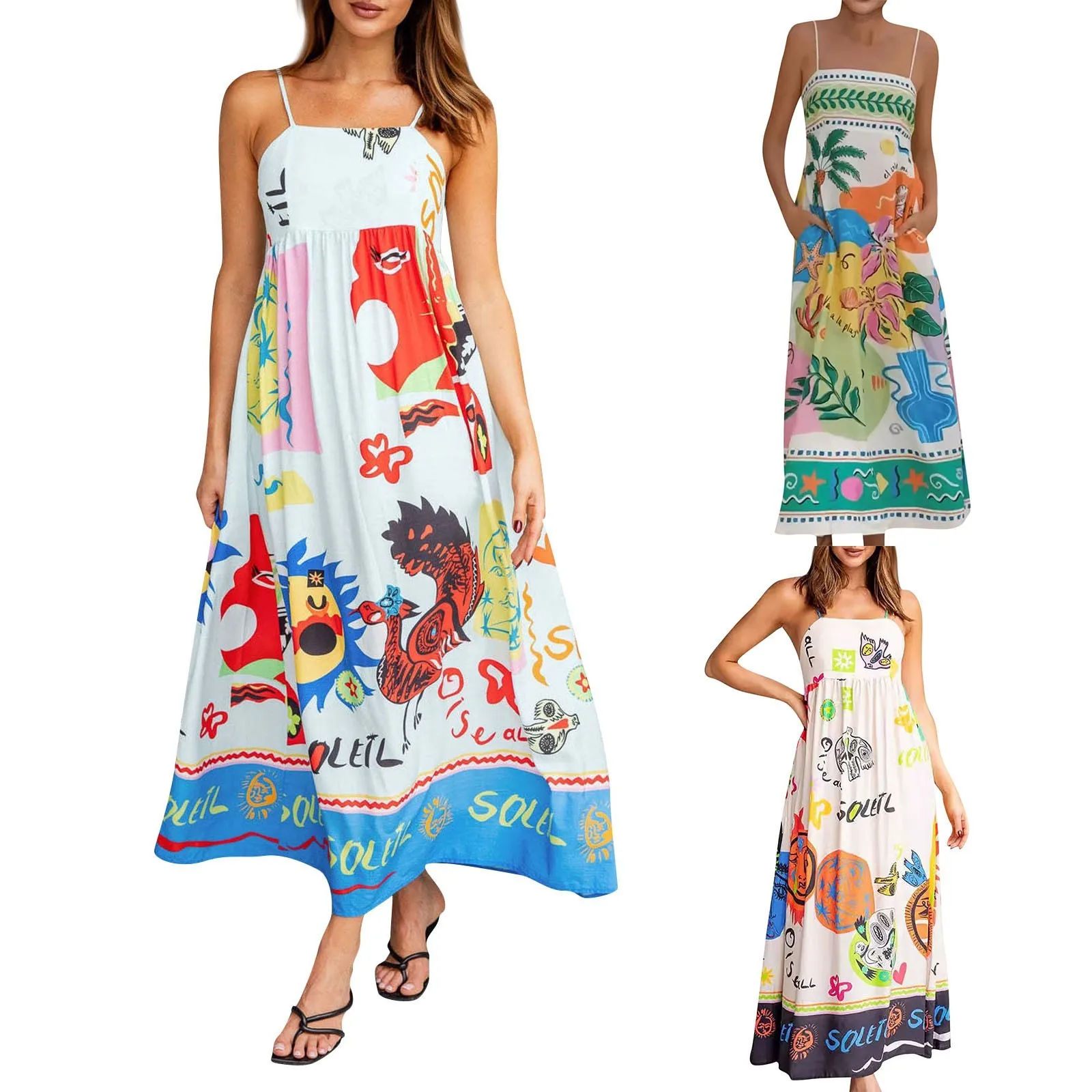 Women Long Printed Spaghetti Strap Dress Fashion Bohemian Sleeveless A-line Long Dress Elegant Female Holidays Beach Dresses