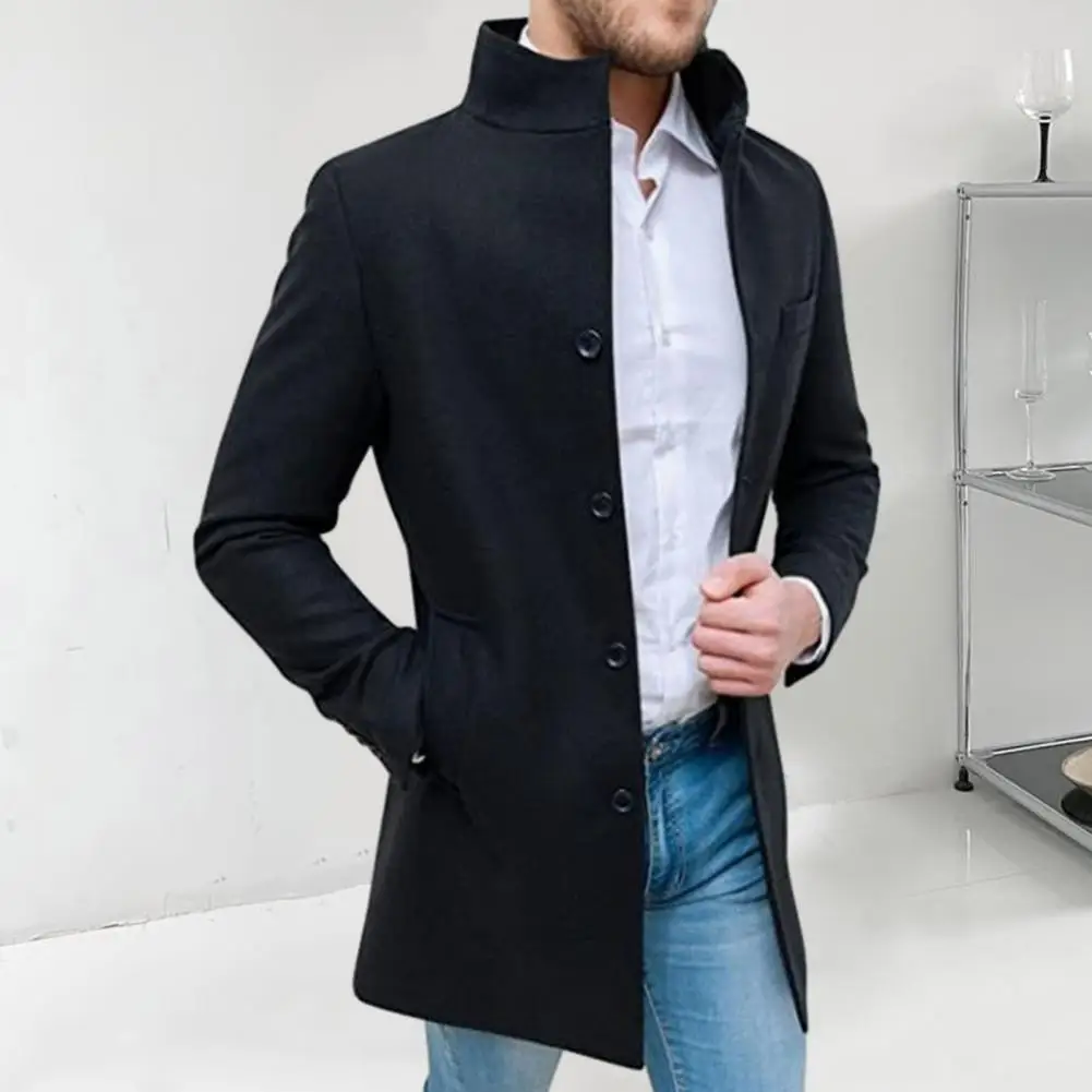 Men Long Cotton Coat 2023 Autumn Winter New Wool Blend Pure Color Casual Business Fashion Slim Windbreaker Jacket Men Clothing