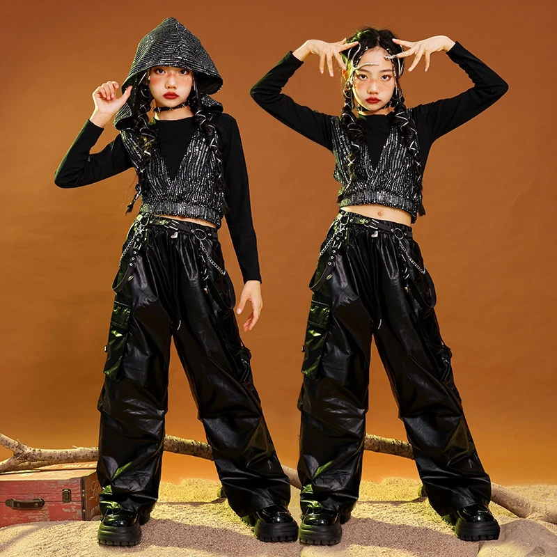 Disfraz de baile de Jazz negro para niñas, traje de actuación de Hip Hop Kpop, ropa de baile callejero para niños, Tops de moda, Sudadera con capucha, pantalones cortos, 965