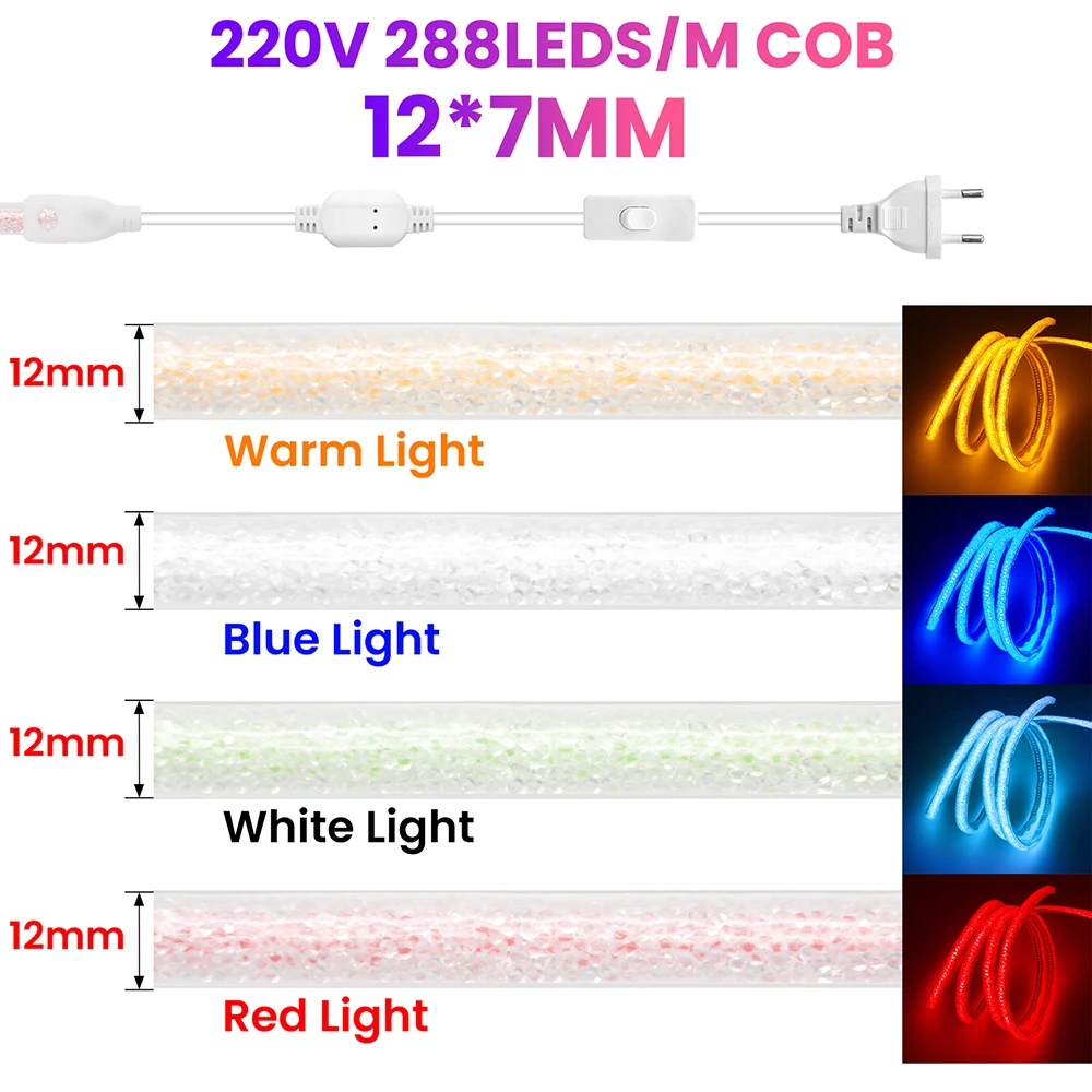 Crystal Type 220V Switch COB Neon Strip Rope Light Bookshelf Cabinet Alcove Lighting 1M 2M 5M 0.5M 288LED/m White Blue Red Green