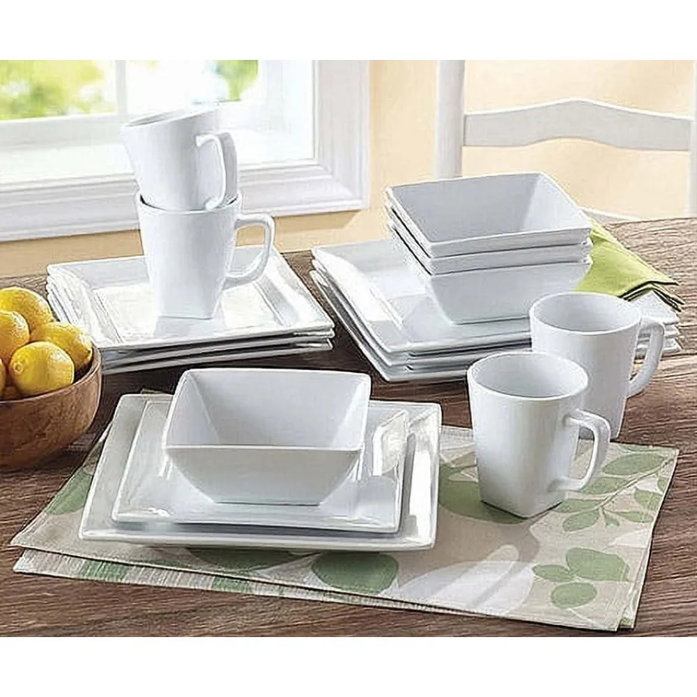 16 Piece Square Porcelain Dinnerware Set, Plates and Bowls Set, White