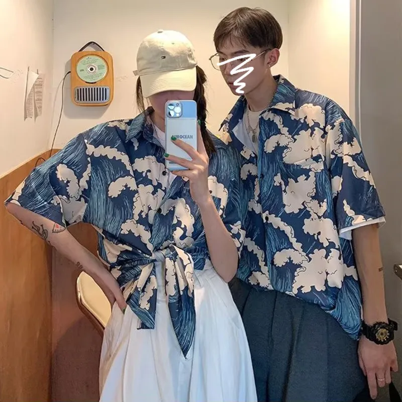 

2025 Summer Harajuku Style Casual Blouse Waves And Wind Print Shirts Women Couple Matching Clothes Holiday Beach Blusas Tops