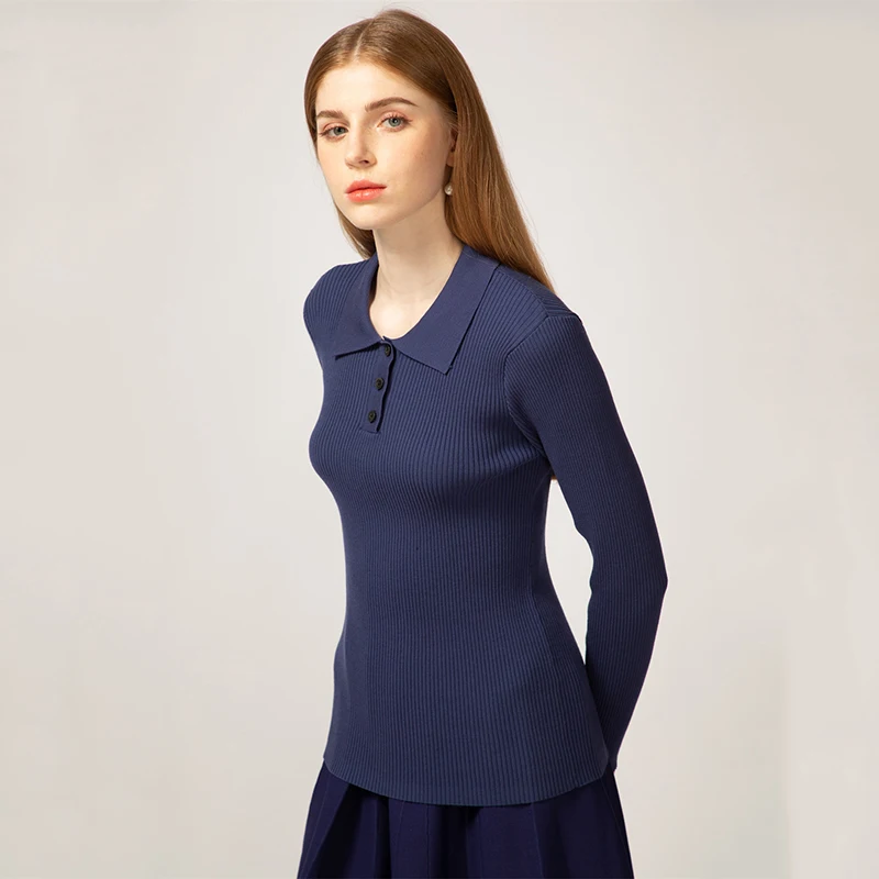 AS Women Knit Blouse Great Quality Knitted Tops Female Ribbed Polo Collar Sweaters