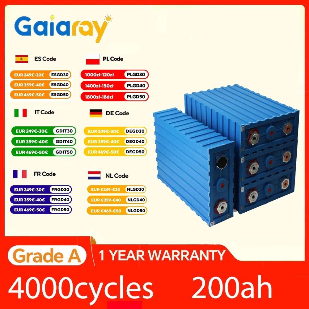 

Gaiaray CALB LiFePO4 4-16шт 3.2в 170-200А 4000 циклов аккумулятор класса А с возможностью перезарядки, Li-ion, BMS 12В 24В для солнечных систем и кемпинга