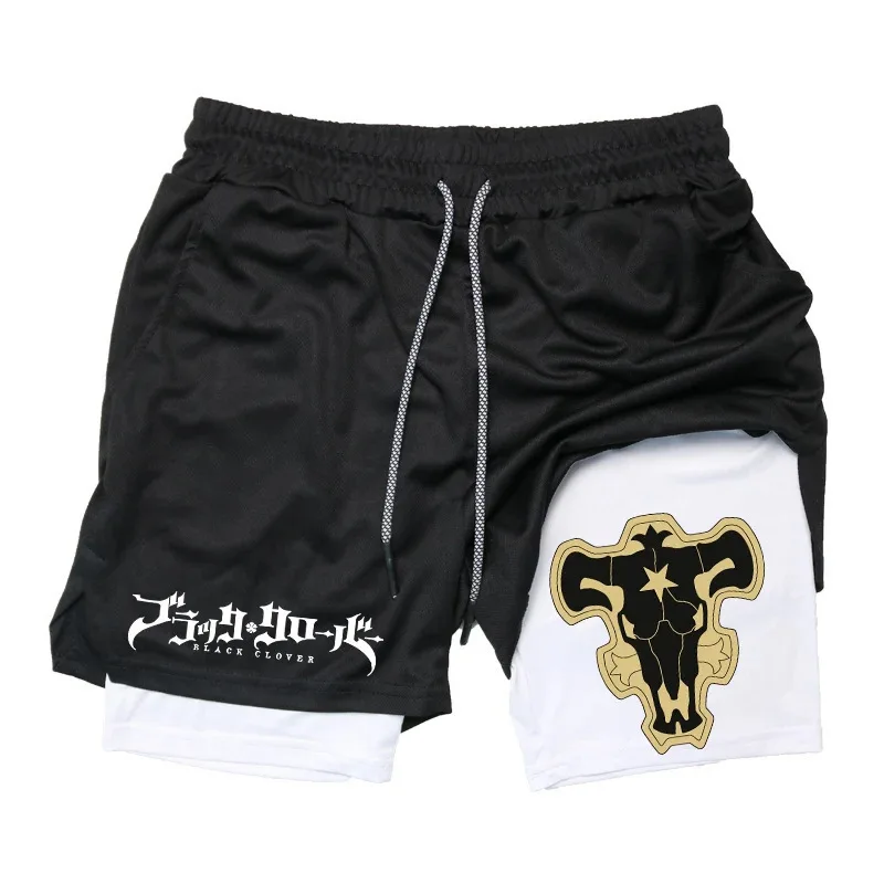 Verão novo preto trevo de cinco folhas impresso shorts masculinos e femininos dupla camada solta esportes e calças casuais para praia fitness