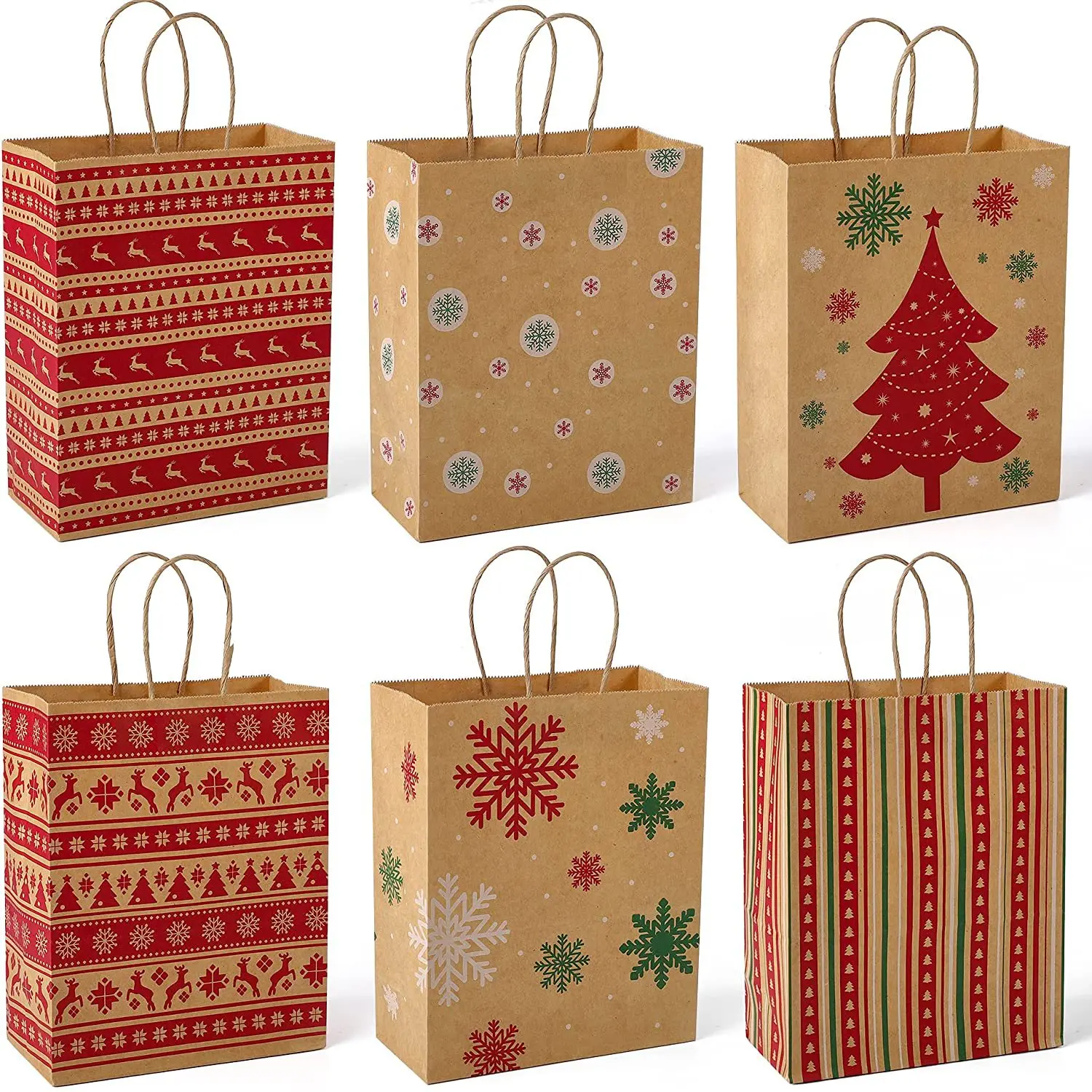 

12pcs Kraft Gift Bags With Handle Elk Snowflake Christmas Tree Party Gift Favors Packaging Bag New Year Christmas Supplies