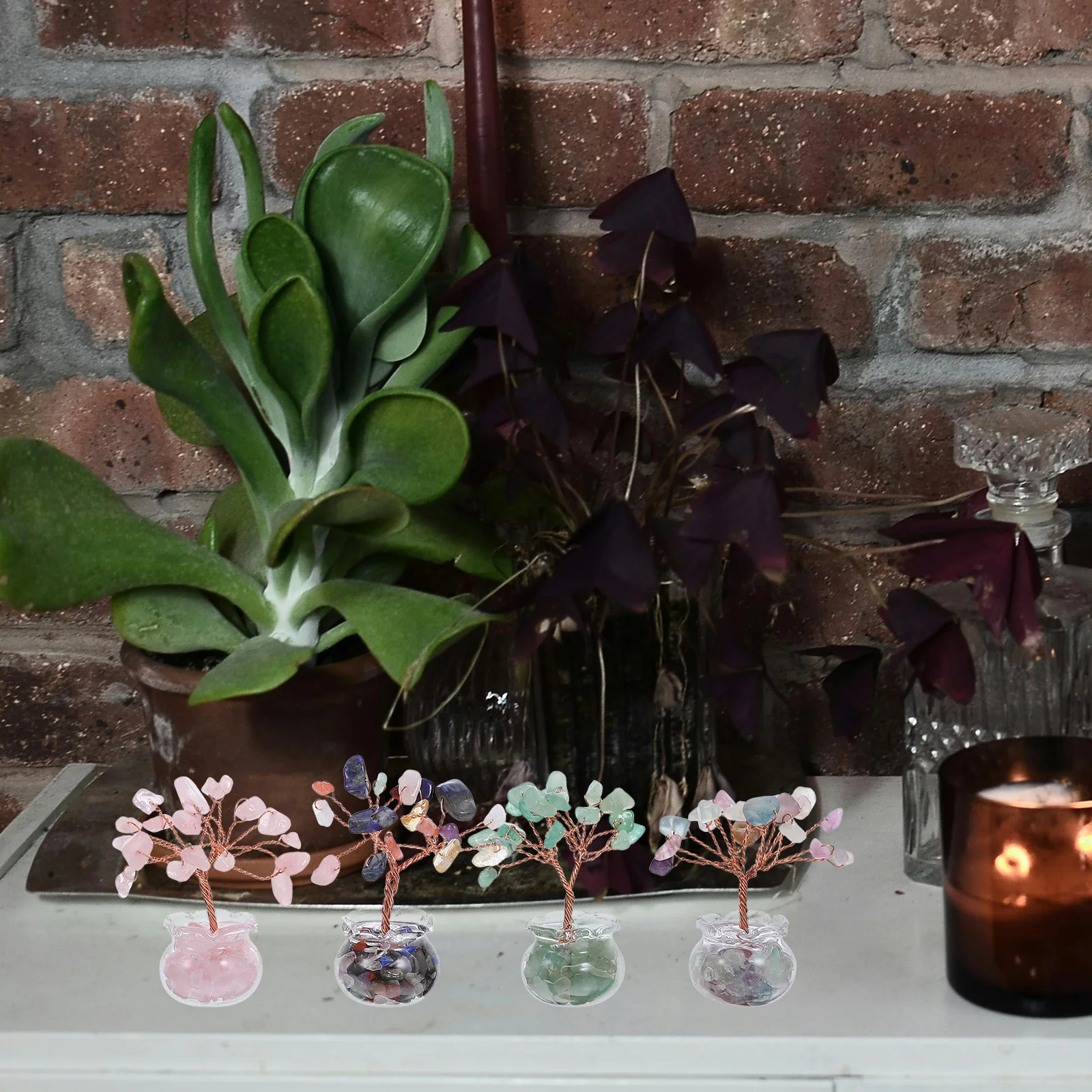 

4Pcs Crystal Money Tree Mini Bonsai Design No Maintenance Required Elegant Desk Decor Centerpiece for Windowsill Shelf Luxury