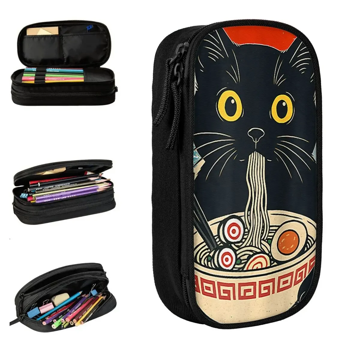 Japanese Black Cat Ramen Pencil Case Cute Kawaii Noodle Cat Pen Box Bag Kids Big Capacity School Supplies Cosmetic Pencilcases