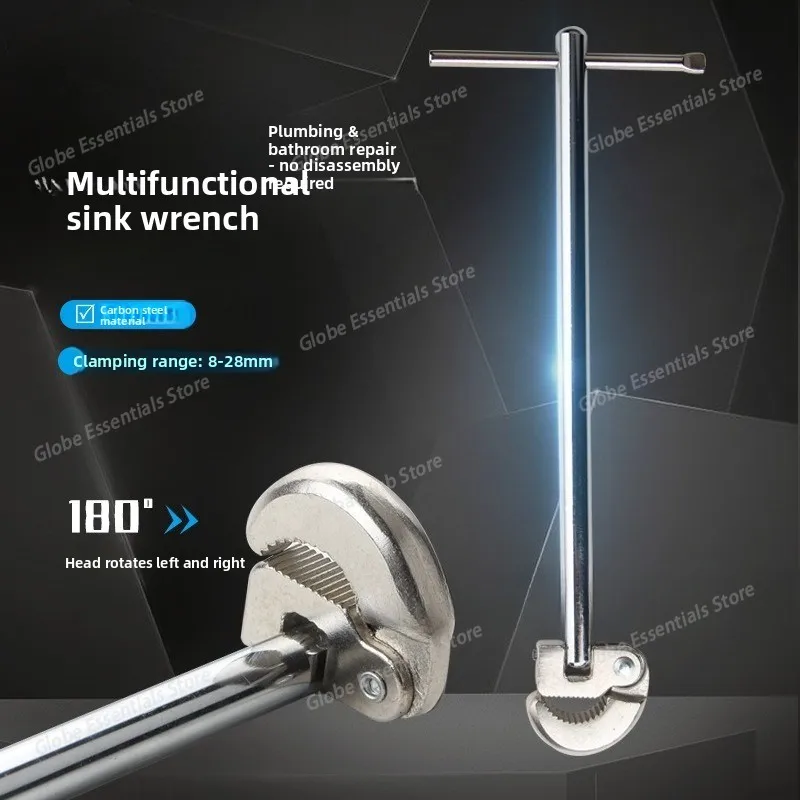 Multi-Functional Adjustable Head Sink Wrench, Metal Mechanical Plumbing Tool for Faucet, Bathroom Pipe, and Drain Installation
