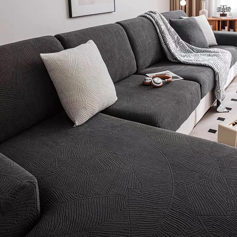 Banana Leaves Jacquard Thicken Polar Fleece Sofa Cover, Stretchy Sofa Slipcover, Elastic Couch Seat Cover for Living Room Decor