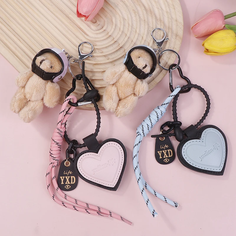 

Cute Helmet Bear Pendant DIY Personality Car Key Chain Decoration Charm Woven Rope Hanging Mobile Phone Key Ring Bag Accessories