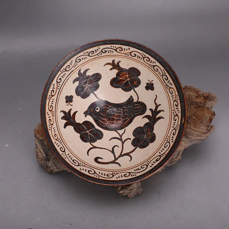 

Song Jizhou kiln painted flower bird patterns conical bowl antique porcelain decoration collection modern exquisite handicraft