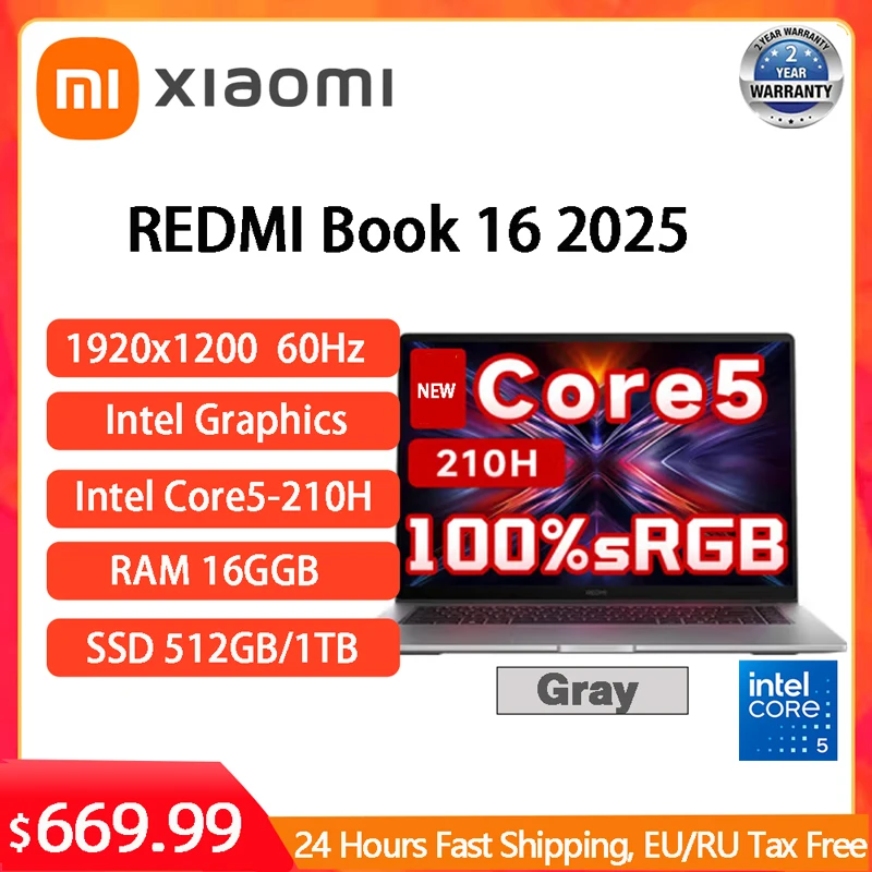Ноутбук Xiaomi REDMI Book 16 2025 Intel C5-210H 16 ГБ 512 ГБ 16 дюймов 60 Гц Экран Тонкий офисный ноутбук