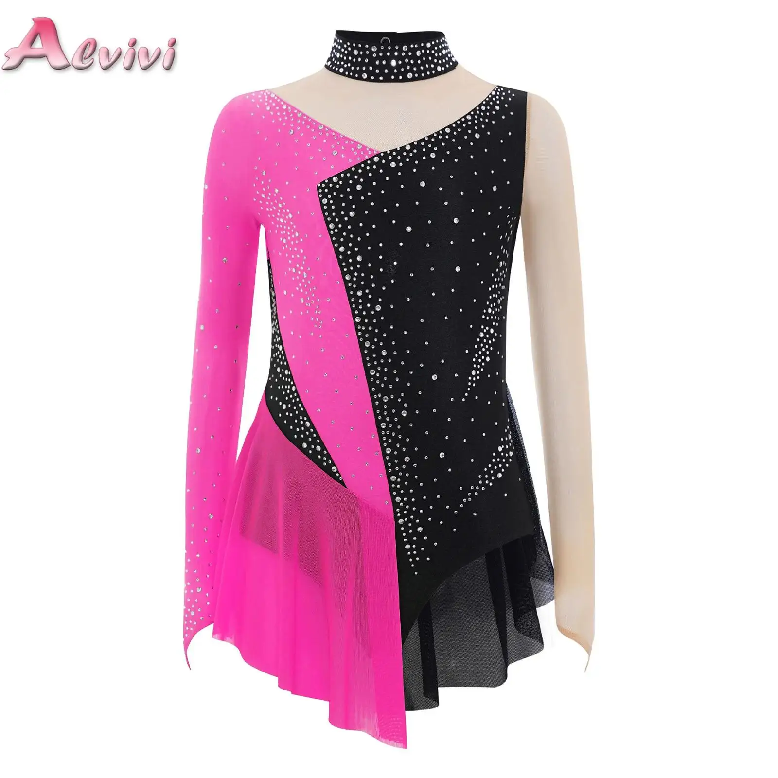 Kids Girls Sparkly Rhinestone Color Block Leotard Dress Sheer Mesh Patchwork Bodysuit for Ballet Dance Gymnastics Figure Skating