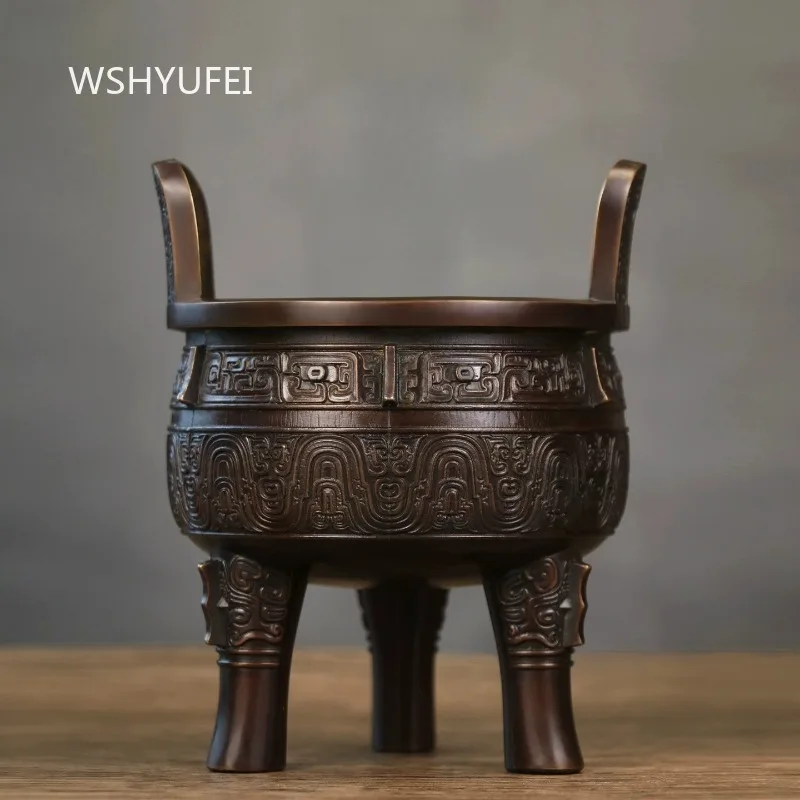 Vintage Chinese Bronze Tripod Censer Antique Style Ding Vessel with Animal Face Patterns Traditional Asian Home Decor Ornament