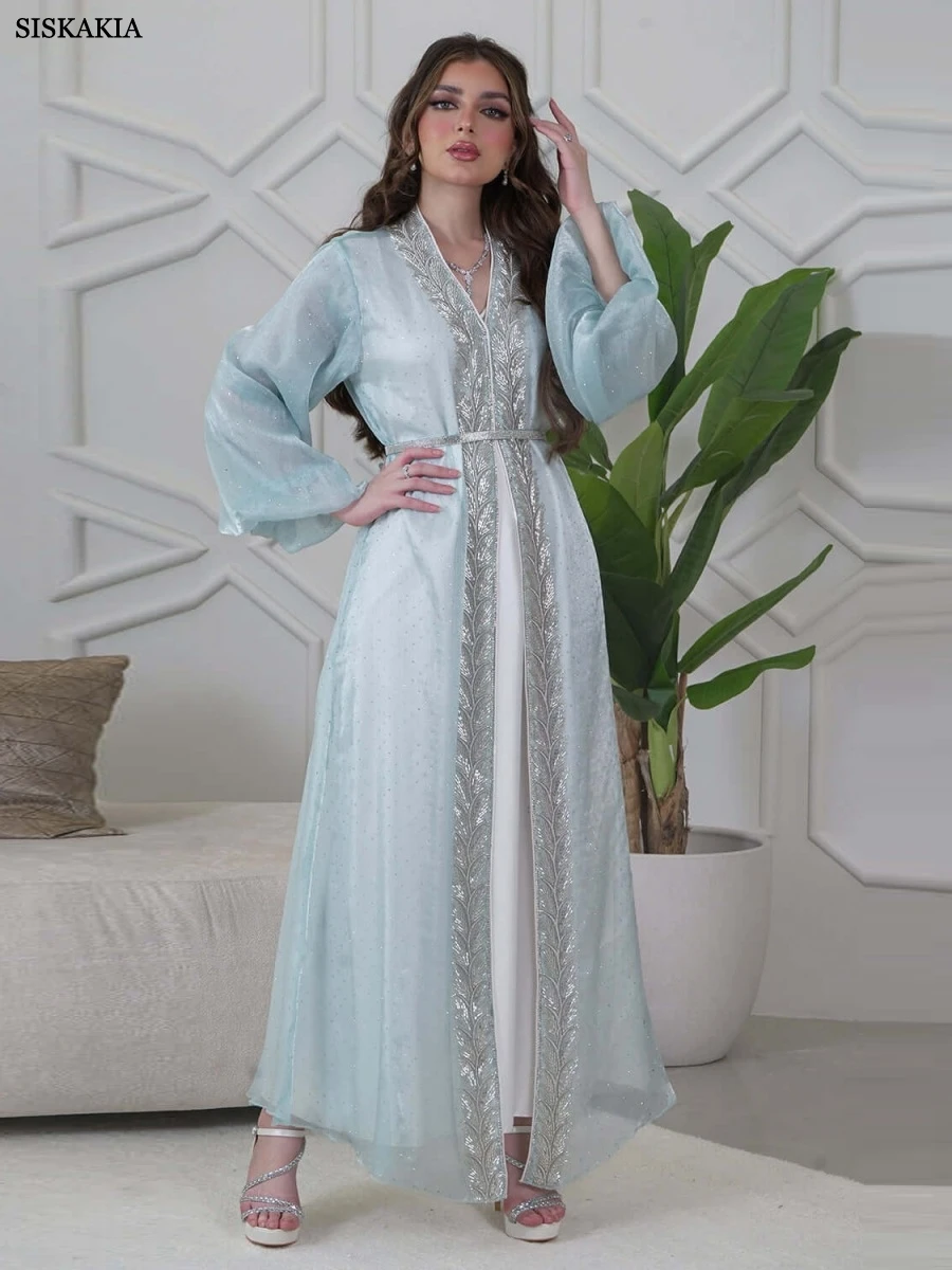 Siskakia Ramadan Muslim Embroidery Maxi Abaya Moroccan Puff Sleeve Kaftan Belt included Two Pieces Sequins Patchwork Dress