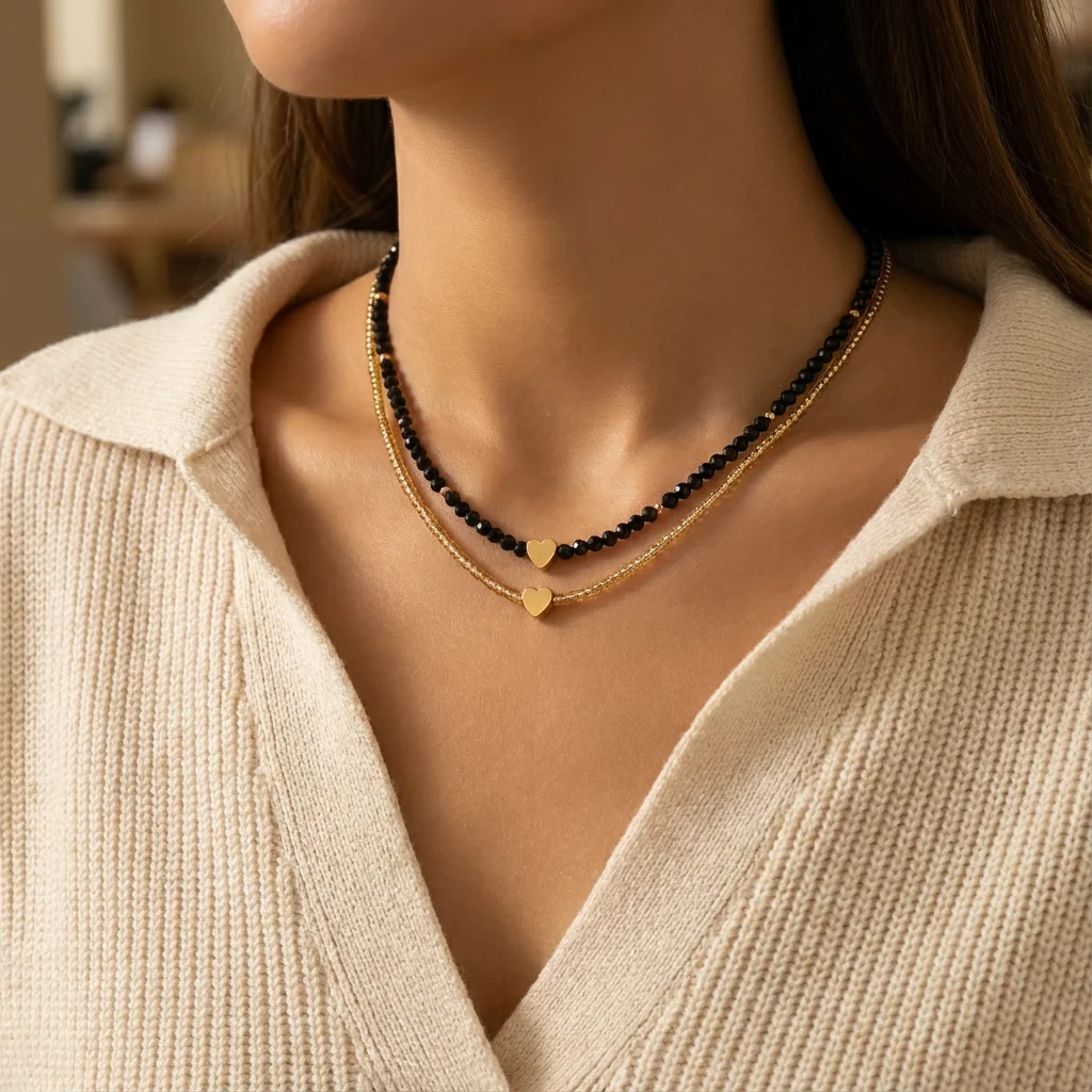 Simple Pendant Black Crystal Bead Necklace for Women Double Layers Exquisite Stackable Gold Color Heart Chain Party Gift Jewelry