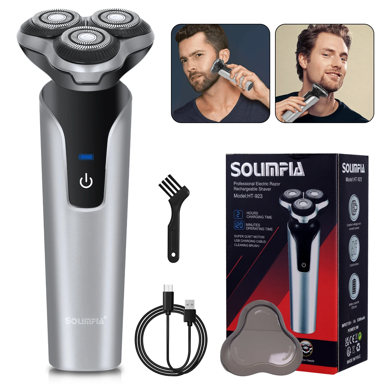 

Бритвы для бороды Solimpia для мужчин, электрическая бритва, беспроводная USB перезаряжаемая бритва с тройными лезвиями, электробритва, водонепроницаемая FK-373