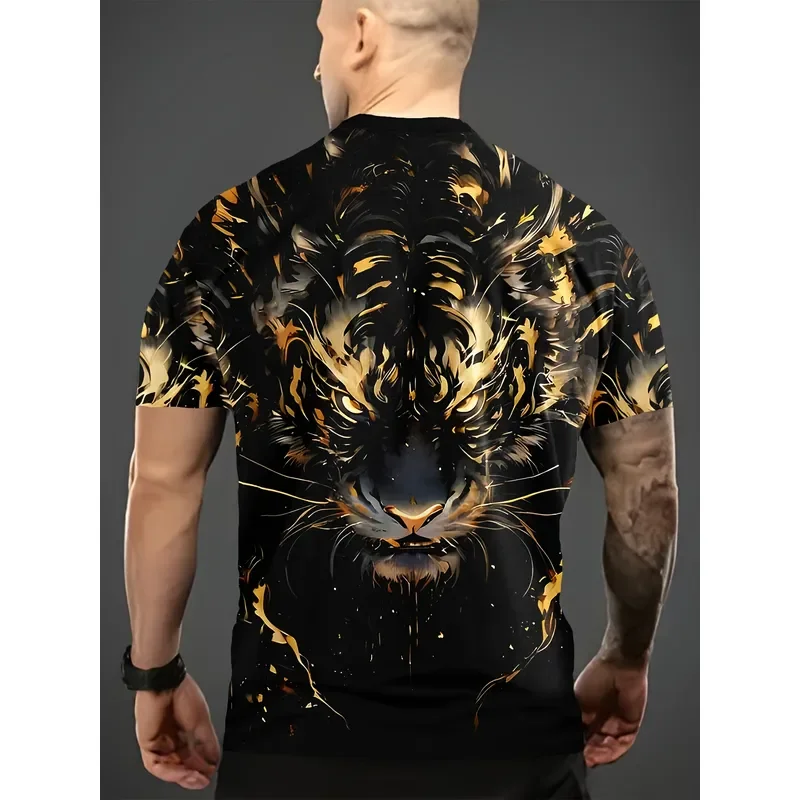 2026 Summer Leisure Outdoor Sports Short Sleeve Golden Tiger 3D Printed T Shirt Men Casual Home Wear Fitness Running Tee Top