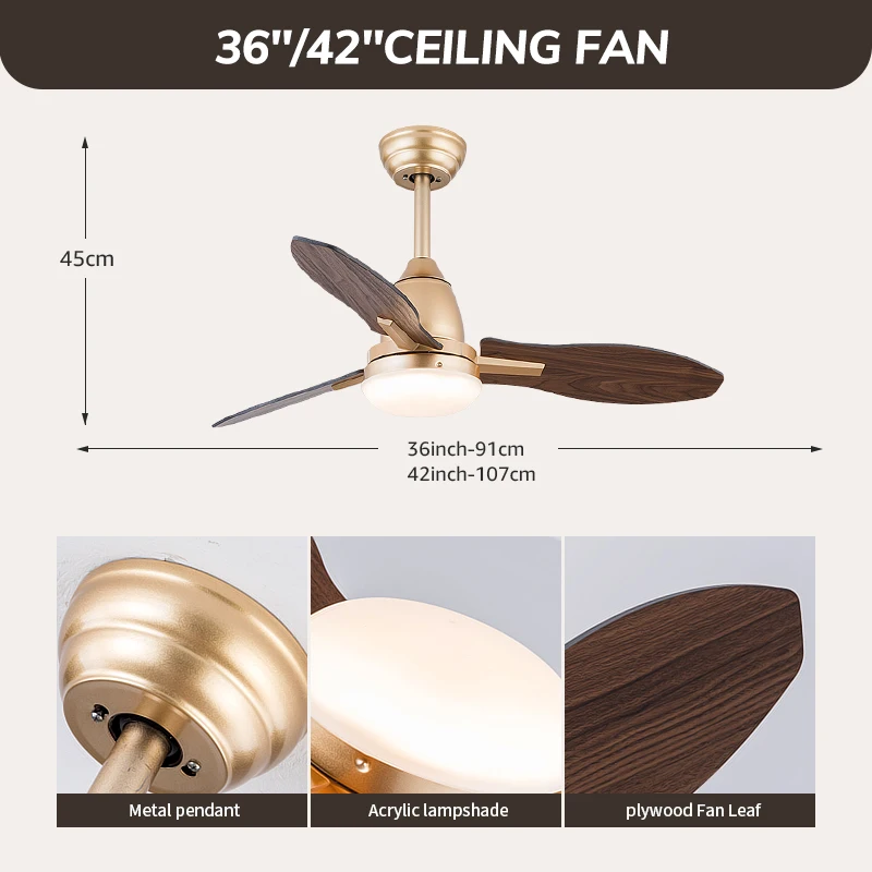 Gold Ceiling Fan with Light 42 inch Luxury LED Ceiling Fan with Remote Control Solid Wood Blades 6 Speed Indoor Fan Lights