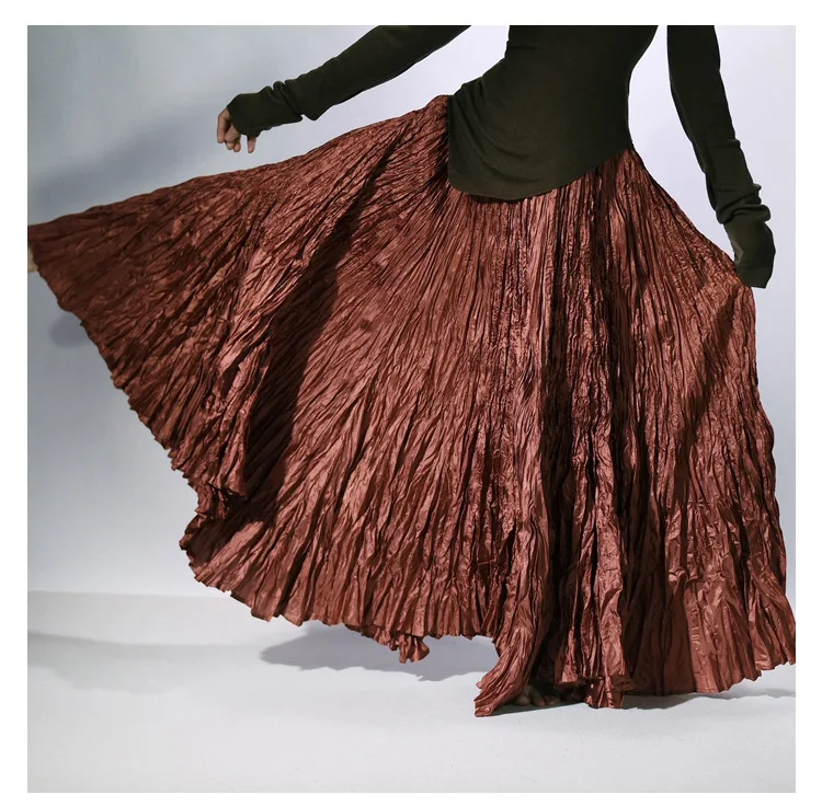 High Quality Women Spring Long Skirts Wide Hem Pleated Design High Waist A-Line Dance Maxi Skirts Faldas Femme Streetwear