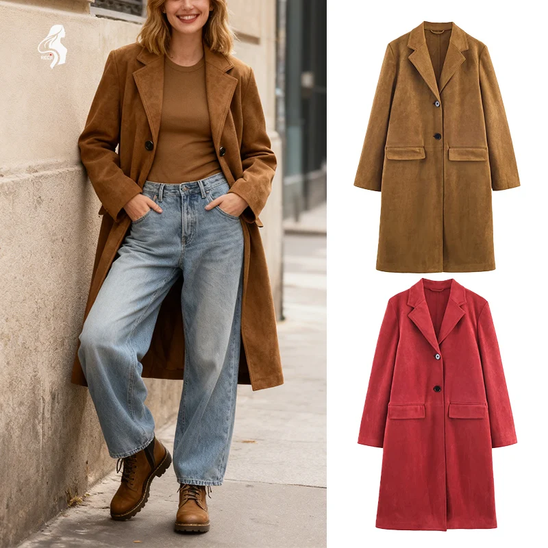 

Fashionable Suede Long Coat With Blazer Collar European And American Style Versatile For Autumn And Winter Outfits Trafizaran