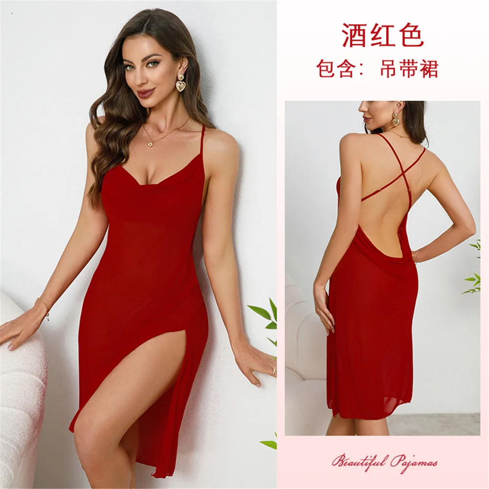 Sexy Backless Mid-Length Female Nightgown Sleepwear Summer Nightwear Home Dress Lace Nightdress Loungewear 6